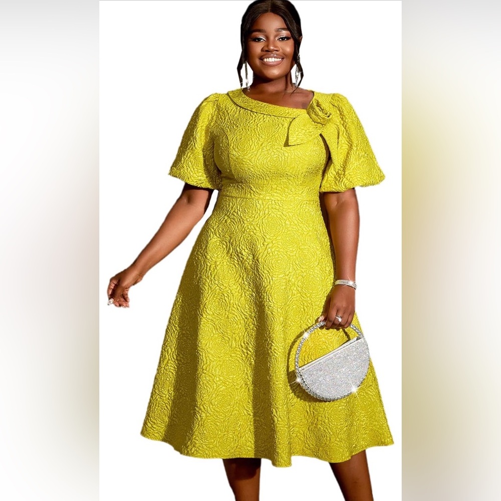 AOMEI Yellow Jacquard A-Line Midi Dress